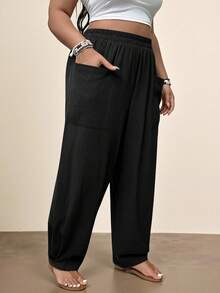 Freevana Quần xếp ly màu trơn cỡ lớn có túi, lý tưởng cho kỳ nghỉ và trang phục thường ngày - màu đen - Xem 4