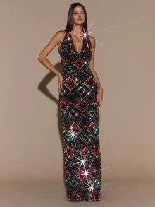 SHEIN BAE 纯黑色性感低胸露背优雅亮片连衣裙、小黑裙、鸡尾酒会、亮片黑色连衣裙、露背连衣裙、派对、万圣节、优雅连衣裙 - 黑色 - 查看 5