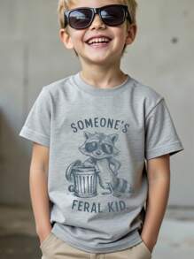 SHEIN Young Boys' Casual Comfortable Fashion Cute Mischievous Raccoon Wearing Sunglasses & "Someone's Feral Kid" Graphic Short Sleeve Crew Neck T-Shirt Boys Animal T-Shirt Cute Graphic Tee Gray T-Shirt - Grey - View 1