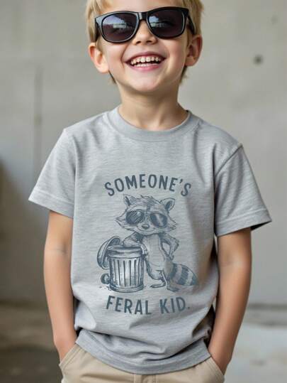 SHEIN Young Boys' Casual Comfortable Fashion Cute Mischievous Raccoon Wearing Sunglasses & "Someone's Feral Kid" Graphic Short Sleeve Crew Neck T-Shirt Boys Animal T-Shirt Cute Graphic Tee Gray T-Shirt