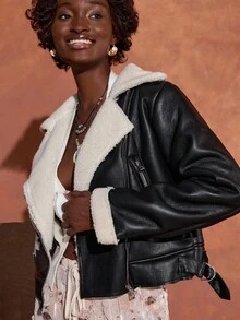 Bóhologie Faux Leather Jacket With Asymmetric Front Zipper, Sherpa Fleece Lining On Collar And Cuffs, Two Zippered Side Pockets, Edgy And Warm Outerwear - Black - View 4
