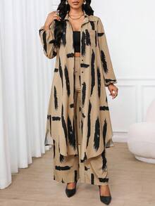 SHEIN Lady 春夏秋冬休闲优雅工作彩色梭织衬衫领主教袖口袋长袖套装度假两件套教堂服装女士办公室服装女士夏季服装，2 件夏季服装 - 彩色 - 查看 4