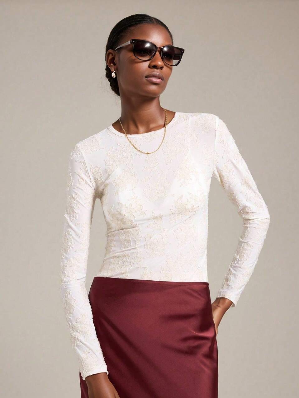 Elegant Women's Top,White Autumn Long Sleeve Boat Neck Laser Cut Knit T-Shirt,Minimalist Linen&Stretchy Fabric Fitted Silhouette Brunch Office Wear