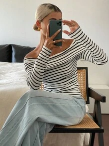 Livesso Women's Off Shoulder Striped Long Sleeve T-Shirt, Summer Fall Tops - Black and White - View 1