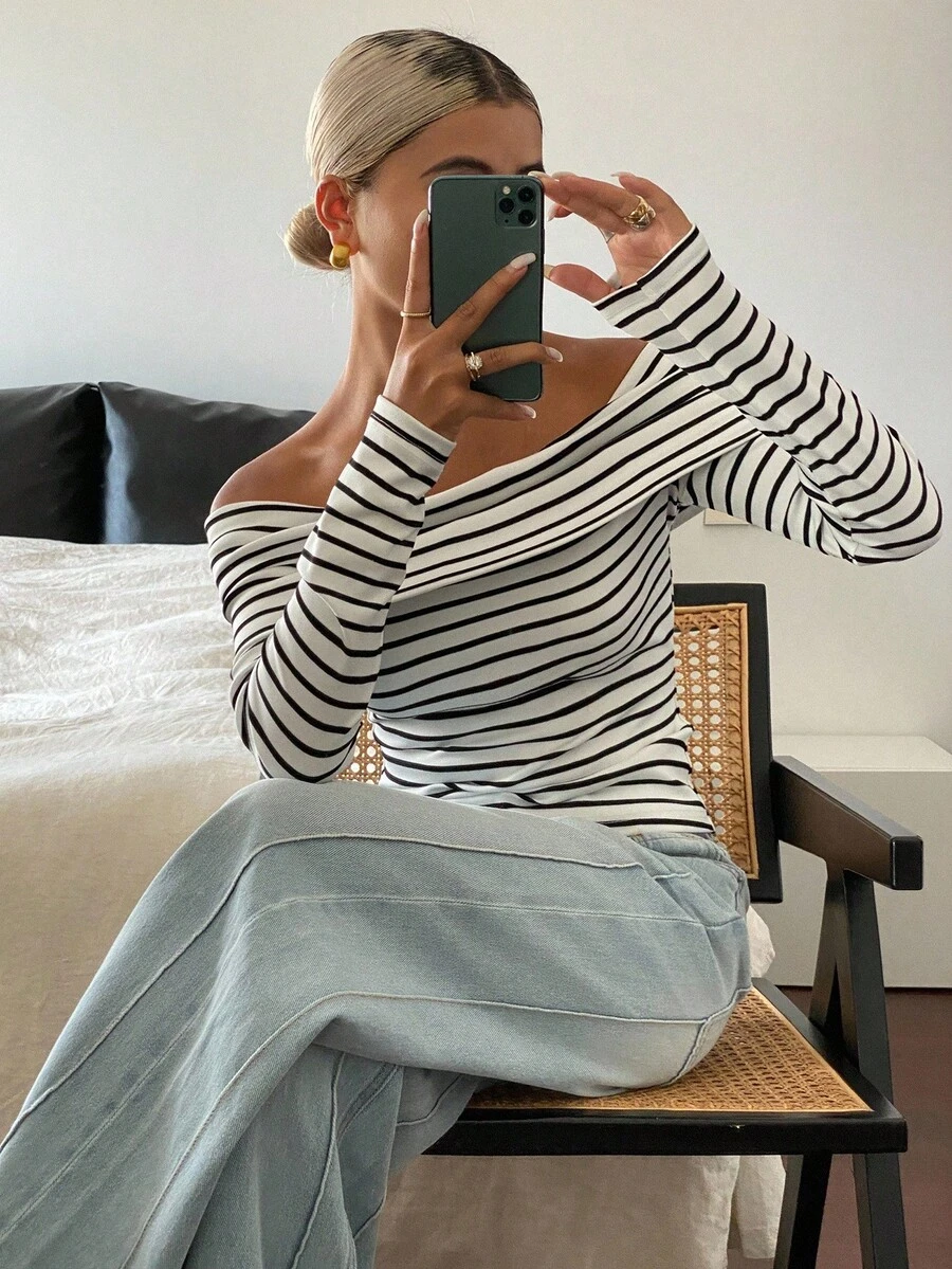Livesso Women's Off Shoulder Striped Long Sleeve T-Shirt, Summer Fall Tops - Black and White - View 1