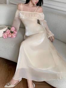 Modelyn Women's Glossy Fabric Double-Layer Asymmetric Neck Long Sleeve Dress, Autumn