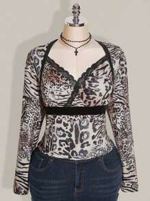 SHEIN ICON Oversize Leoparden-Muster V-Ausschnitt Langarm Y2K Vintage Strick-Top - Verschiedenfarbig - Übersicht 3