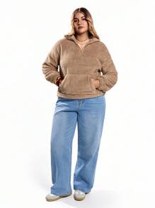 Solavibe Sudadera con media cremallera, bolsillos y manga larga de unicolor para talla grande, para invierno - Camel - Ver 4