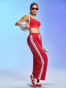 Gameset SHEIN Sport Women's Contrast Side Stripe Elastic Waist Drawstring Sweatpants,Loose Straight Wide Leg Track Pants,Sports Flare Workout Pants - Red - View 3