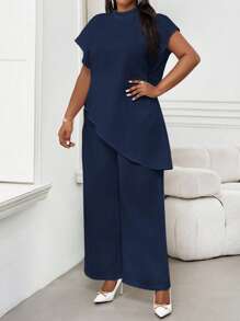 SHEIN Lady 2025 New Plus Size Women Solid Color Round Neck Loose Asymmetric Hem Elegant Navy Blue Blouse, Winter Valentine's Day Party