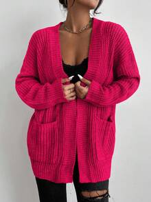 EURMUSE Cardigan casual in maglia a maniche lunghe con spalle scoperte e due tasche, di colore unito, da donna - Fucsia - Visualizzare 5