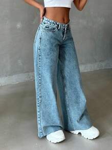 SHEIN PETITE 100%纯棉低腰毛边雪花洗阔腿牛仔裤