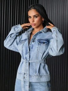 EURMUSE Flap Pocket Button Front Denim Jacket - Medium Wash - View 7