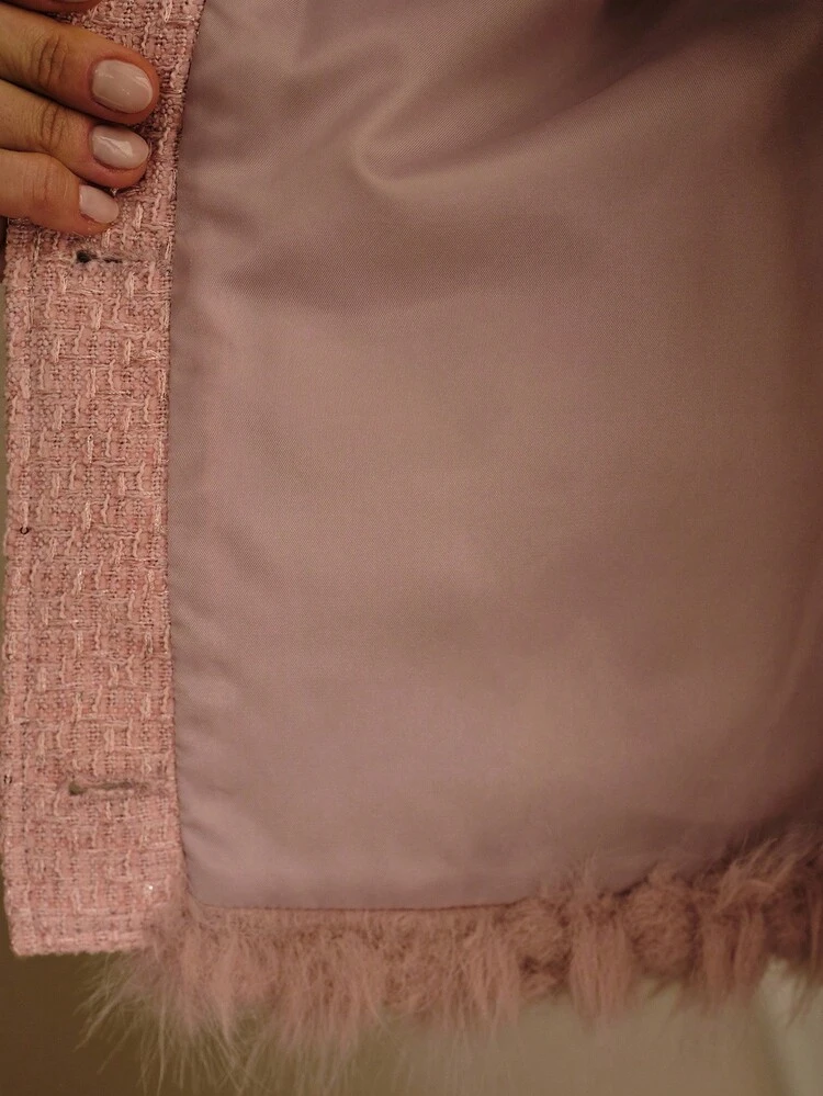 TWEED BUTTON UP FAUX FUR COAT