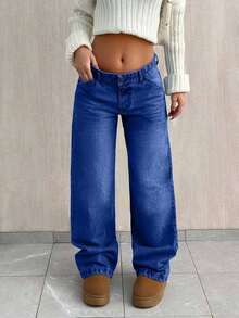 EURMUSE PETITE CASUAL LOW WAIST BAGGY LOOSE STRAIGHT LEG JEAN - Dark Wash - View 4
