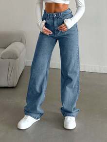 EURMUSE Snow Wash Straight Leg Jeans High Rise ,Petite Women - Blue - View 5