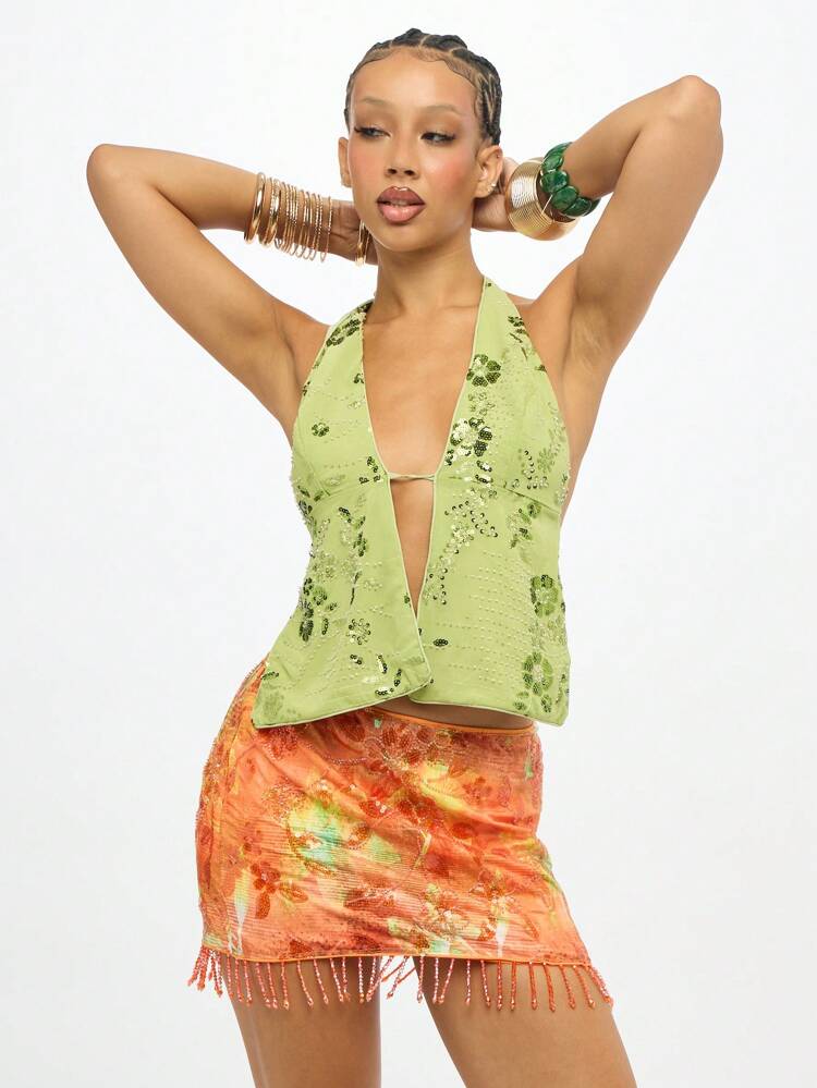 SUMWON WOMEN 비즈 프린지가 달린 스팽글 장식 미니 스커트