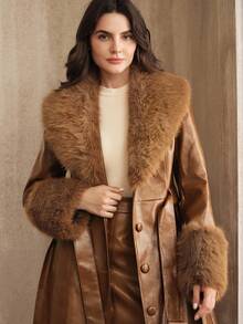 Anewsta Autumn/Winter Coffee Brown Detachable Fox Fur Collar Waist Belt Flared Hem Long Leather Jacket Coat - Brown - View 3