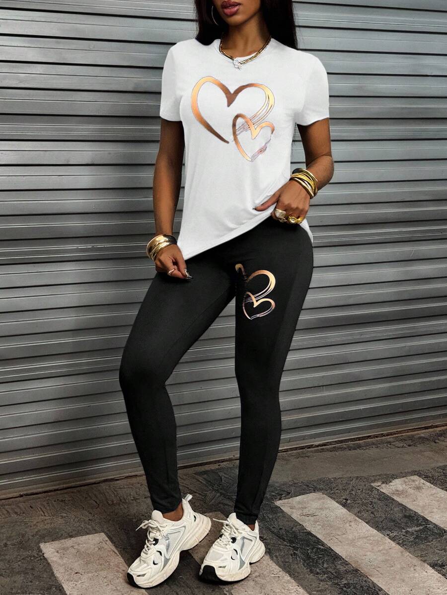 INAWLY Women's Heart Print Short Sleeve T-Shirt And Pants Set - Black and White - View 1