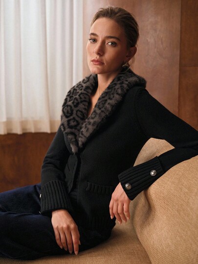 MOTF PREMIUM LEOPARD FUZZY COLLAR BUTTON PLACKET SLIM FIT CARDIGAN