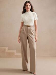 Anewsta 女士优雅度假沙滩休闲针织纹理褶皱杏色短袖T恤