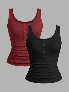 Slaydiva Multipack Black + White Casual And Versatile CA Scalloped Top, Deep U-Neck And Racerback Basic Women's Tank Top - Red and Black - View 1