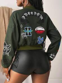 Slaydiva Women's Dark Green Windbreaker Jacket,Autumn Streetwear Everyday Back-To-School Sporty Collegiate Style,Short Long Sleeve Casual Military Jacket - Army Green - View 2