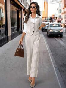 SHEIN Clasi 女装秋季新款无袖背心和西装裤两件套，适合通勤、休闲装、日常搭配 - 卡其色 - 查看 2