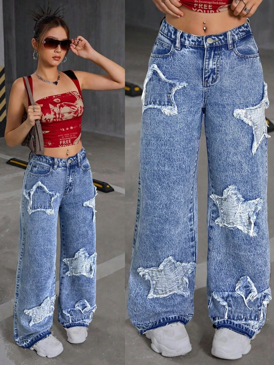 SHEIN 少女Y2K时尚水洗毛边星形装饰直筒牛仔裤,秋季返校街头风。星形破洞牛仔裤,浅蓝色,Y2K宽松牛仔裤,酸洗牛仔裤,冬季 - 中等水洗藍 - 查看 1
