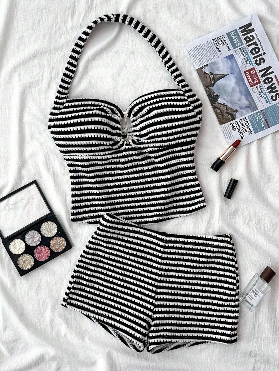 SHEIN 少女两件套露背上衣和超短裤套装，粉色休闲度假纹理服装，适合夏季、居家、青少年 - 黑與白 - 查看 1