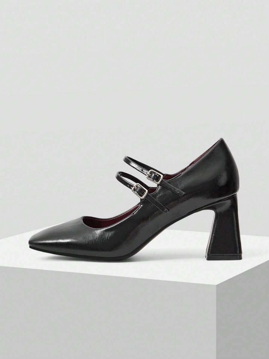 Mnmlis 优雅黑色 PU 双带方头粗跟高跟鞋 - 黑色 - 查看 1