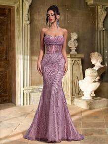 Glamrae 优雅的紫灰色露肩串珠网眼刺绣低胸领口腰部透明镂空美人鱼尾舞会礼服，适合约会、生日、单身派对、毕业典礼、成人仪式、婚礼、正式晚会 - 淺灰紫 - 查看 2