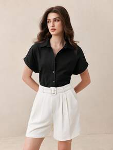 BizChic Áo sơ mi nữ màu đen cổ bẻ cài cúc phía trước, kiểu dáng cơ bản thường ngày cho mùa xuân/hè, dễ dàng phối đồ nhiều lớp. - màu đen - Xem 3