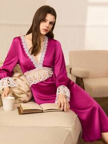 Moireta Camisola Elegante, Madura e Sexy de Renda Francesa para Mulheres, Outono - Rosa chiclete - Visão 6