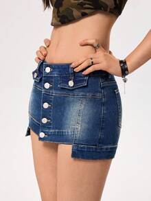SHEIN EZwear Shorts vaqueros casuales de moda para mujer con parches asimétricos - Azul lavado oscuro - Ver 6