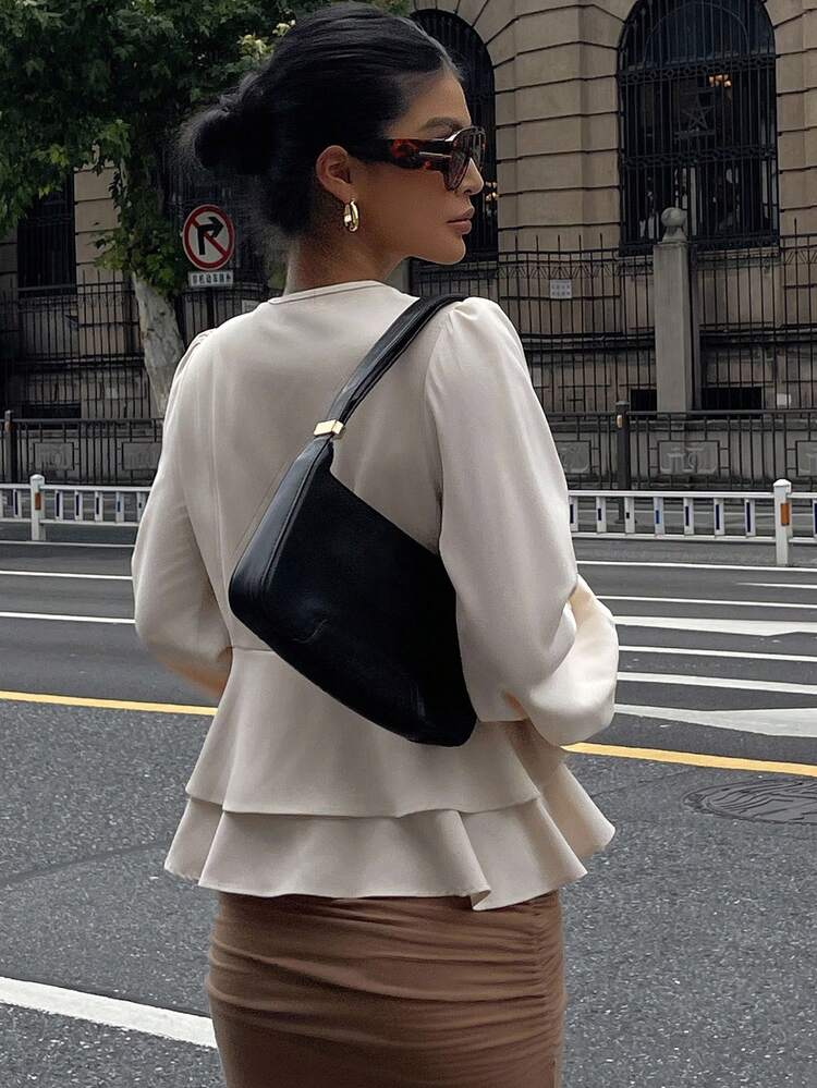 Women's V-Neck Solid Color Lantern Sleeve Ruffle Hem Blouse Long Sleeve Top