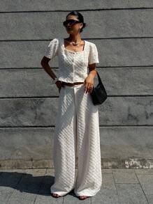 Livesso Conjunto de 2 piezas de top de manga corta de ajuste holgado blanco y pantalones de pierna ancha, conjunto de ropa de estar en casa de verano para mujeres - Blanco - Ver 6