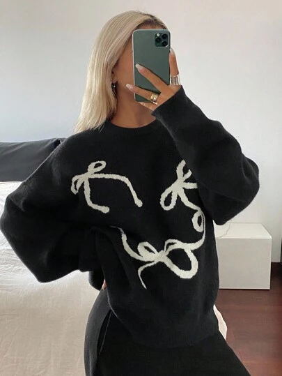 Livesso Suéter holgado y casual con lazo de punto, otoño