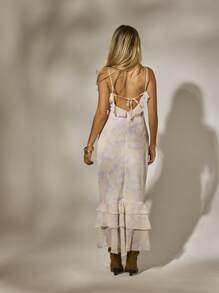 Aralina Váy maxi đuôi cá xếp nếp họa tiết hoa nhiều lớp, dây mảnh xẻ tà, dáng đuôi cá, dáng suông, dáng dài dự tiệc cưới mùa hè cho nữ - Bụi tím - Xem 3