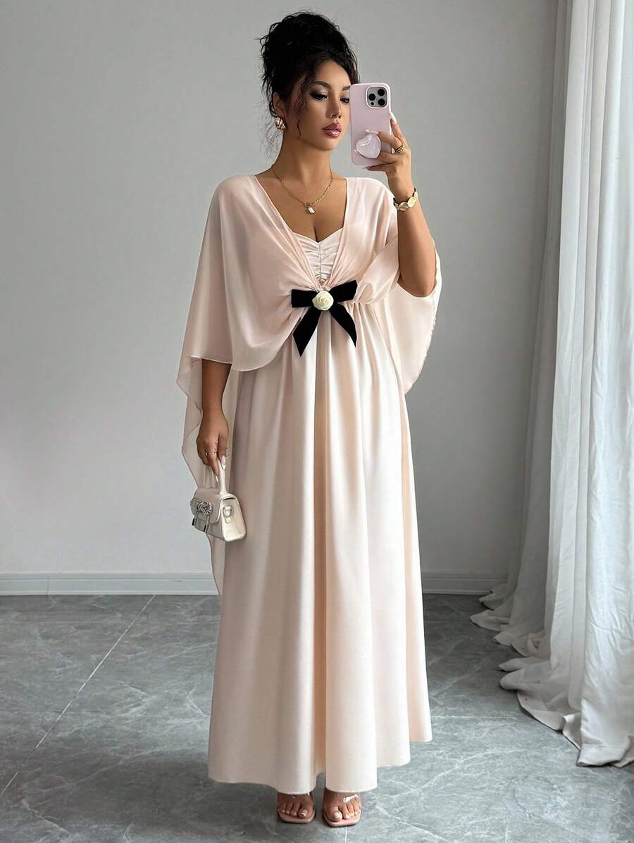 Elenzga Elegant Sleeveless Dress With Shawl Collar, Bowknot Design For Women - Dusty Pink - View 1