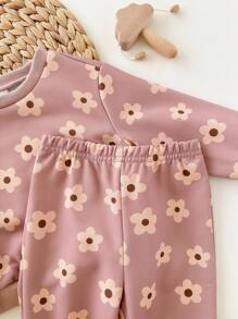 Loomiva 2pcs Baby Girl Floral Print Knit Soft Crew Neck Long Sleeve Sweatshirt And Elastic Waist Pants Set Flower Two Piece Set Toddler Baby Flower Outfit Fall Winter - Pink - View 3