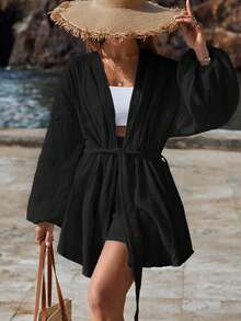 Women's Textured Cotton Crinkle Casual Shirt And Shorts Set - Black - View 4
