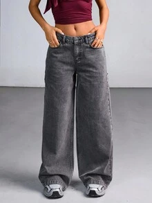 EURMUSE 低腰灰色洗水宽松阔腿牛仔裤 - 灰色 - 查看 3