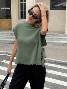 Serisse 秋冬女士立领碎花边侧系带宽松针织背心 - 橄欖綠 - 查看 5