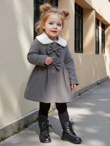 Souflis Souflis 女婴仿毛领蝴蝶结风衣，秋冬 - 灰色 - 查看 8