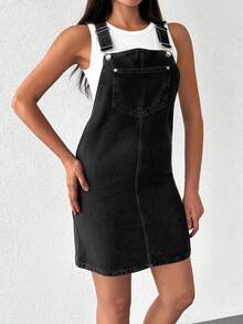 EURMUSE Women's Casual Loose Pocket Design Denim Pinafore Dress - Light Grey - View 5