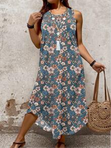 EMERY ROSE Plus Size Women Floral Print Side Slit Hem Casual Sleeveless Dress - Multicolor - View 3