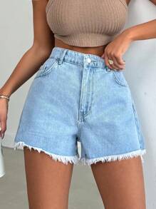 EURMUSE 100%纯棉女士浅蓝色毛边水洗牛仔短裤 - 淺色水洗藍 - 查看 3