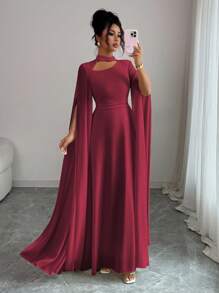 Elenzga Women's Elegant French Romantic Vacation Style Beach Dress, Chiffon Sheer Fabric, Hollow Collar, Criss-Cross Back Tie, Flared Maxi Skirt, Long Sleeve, Slit Cuffs, Suitable For Afternoon Tea, Party, Middle East Style, Spring/Summer Fall Cloth For Women - Burgundy - View 3