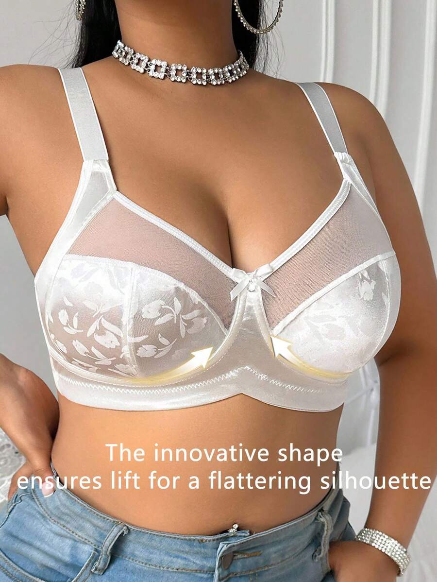 DesireSculpt Plus Size Mesh Patchwork Jacquard Wireless Bra, Lift - White - View 1